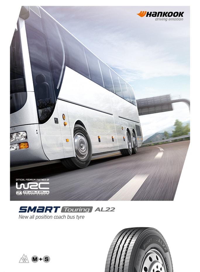 Hankook SmartTouring AL22 coach tyre leaflet featuring a coach bus on the road and a tyre image.