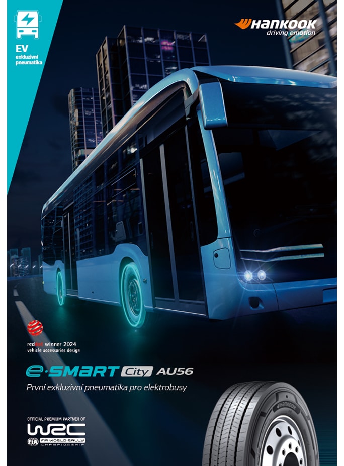 Hankook e-SMART City AU56 electric bus tyre leaflet featuring an electric city bus at night and a tyre image.