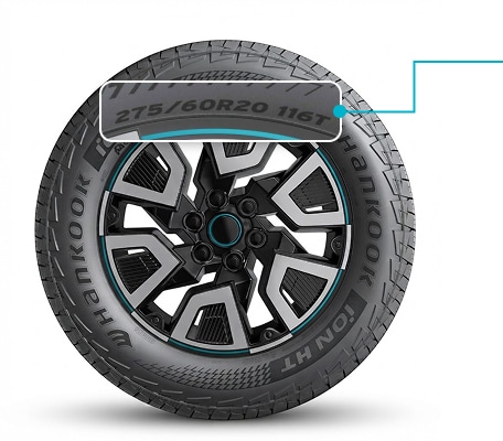 Tire sidewall showing the size, load index and speed rating markings