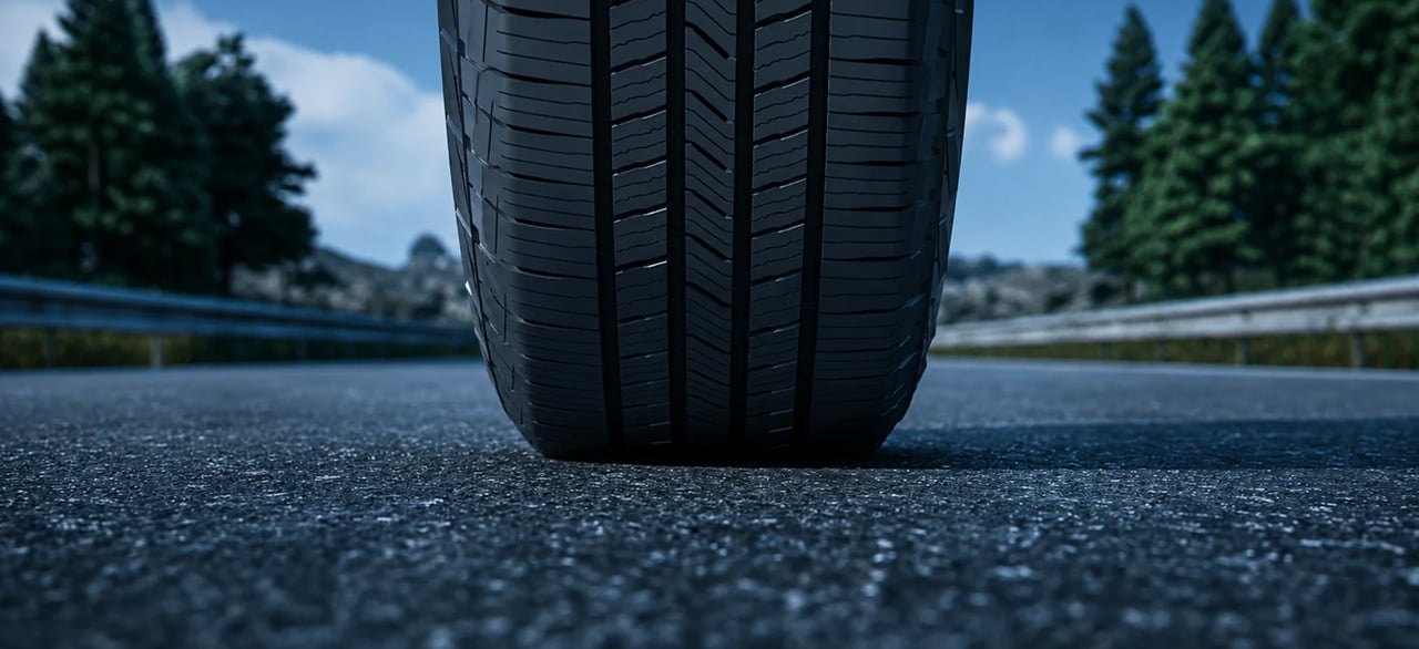 Close-up of a tire on the road, representing low rolling resistance