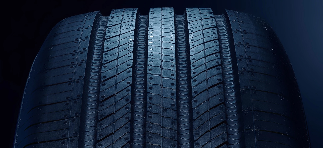 Close-up of tire tread, representing durability against tread wear