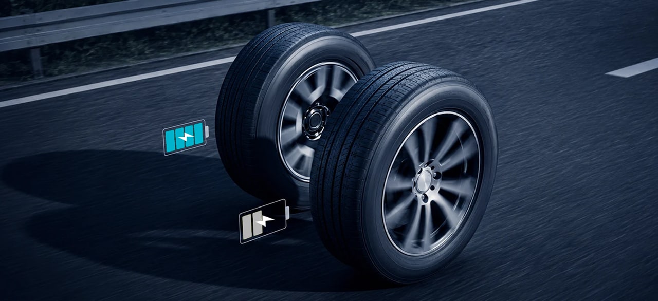 EV and gas vehicle wheels on the road, illustrating vehicle weight comparison